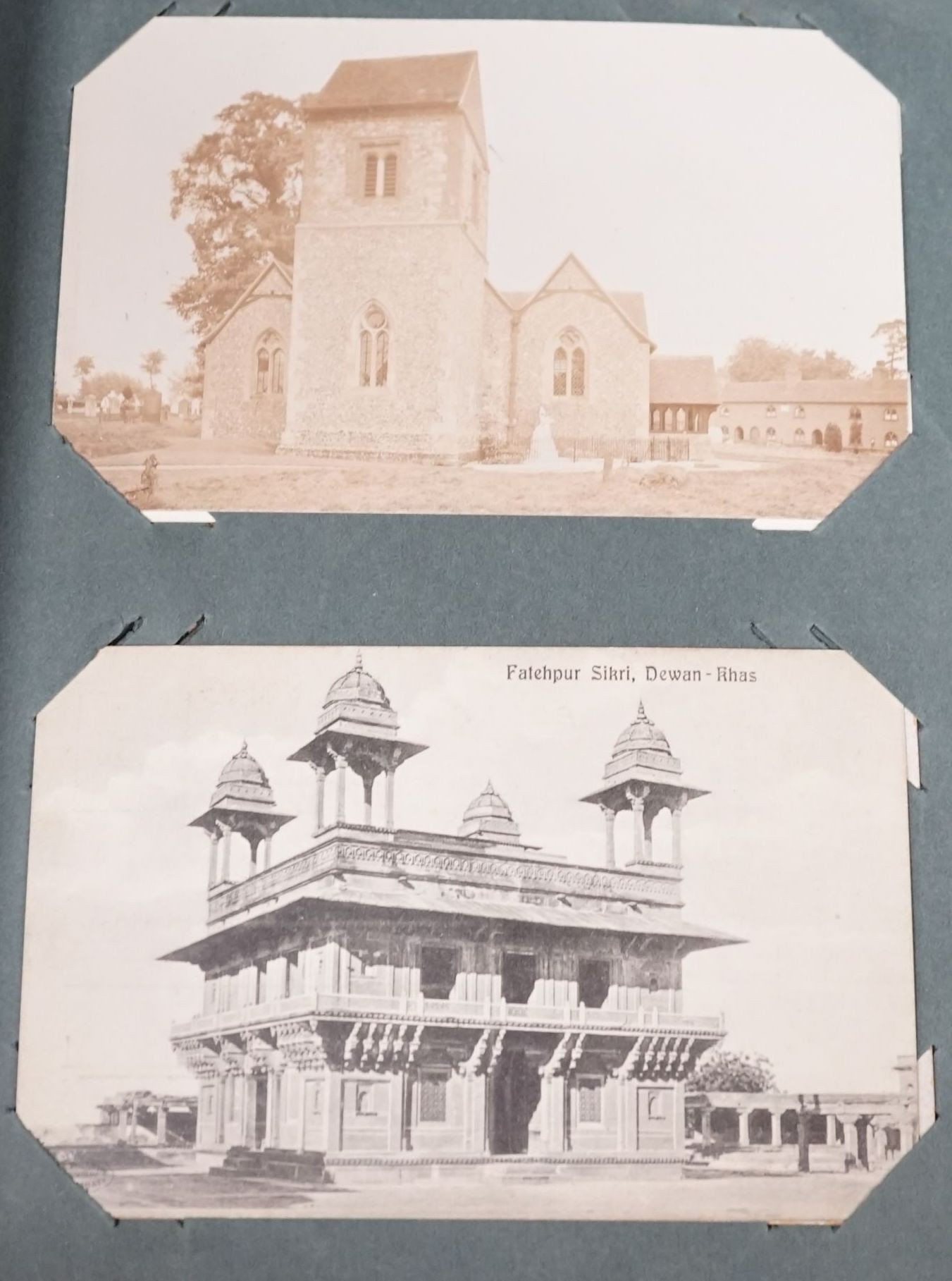Thirteen early to mid 20th century postcard albums, mostly topographical of scenes of the UK and some of the Continent, including a few greeting cards. (Two boxes)